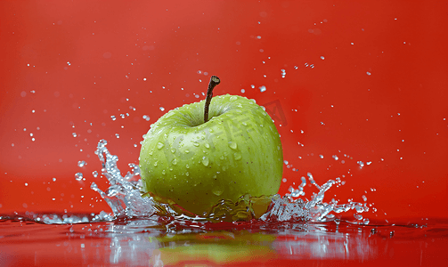 有创造力的摄影照片_红色背景中游泳的苹果水面上有游泳的青苹果