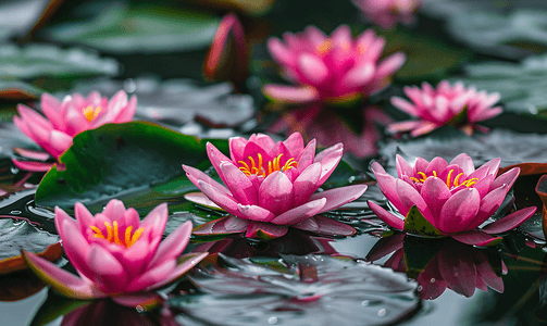 睡莲花摄影照片_池塘里盛开的粉色莲花或睡莲花