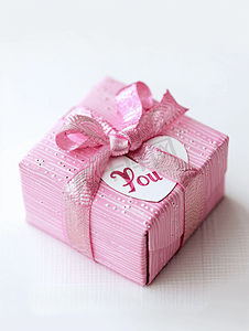 爱情装饰摄影照片_白色背景上带蝴蝶结的粉色礼物心形便条“我爱你”