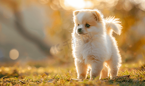 可爱的小狗波美拉尼亚混合品种北京狗站在草地上