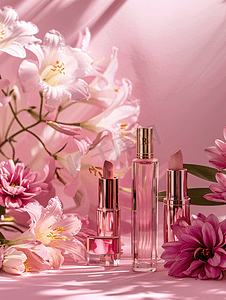 粉红色背景中的一组化妆品和鲜花化妆品和美容产品