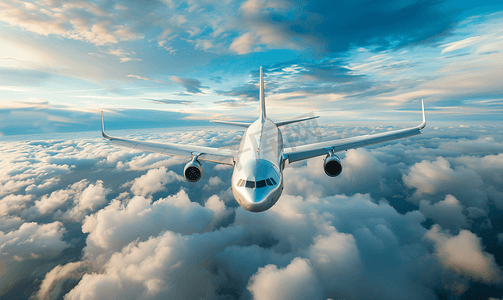 飞行中的飞机云层上方的大型客机或货机航空公司