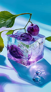 清凉夏日透明冰块里的紫色葡萄背景