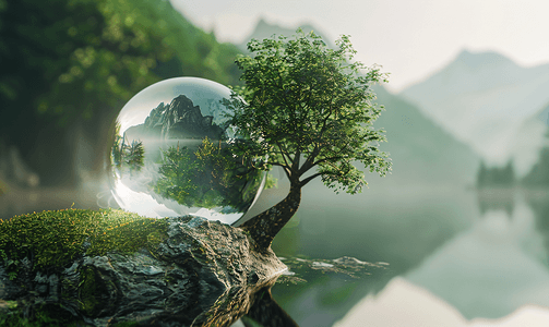 绿色玻璃球摄影照片_站在树上的带有森林反射的玻璃球