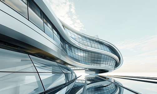 金属镜子摄影照片_现代建筑的一部分用金属和玻璃建造的椭圆形未来主义建筑