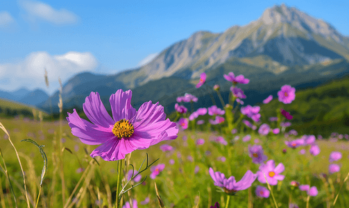 紫色山峰摄影照片_山上生长的紫色波斯菊花和模糊的山峰背景