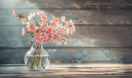 木质背景上玻璃花瓶里放着一束粉色娇嫩脆弱的花朵