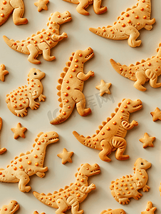 背景形式摄影照片_米色背景上恐龙顶视图形式的饼干图案单色照片