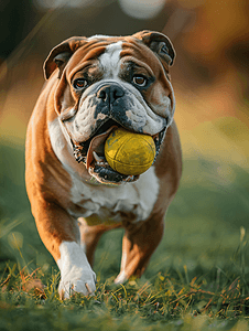 斗牛犬叼着球在公园散步狗在草地上玩玩具