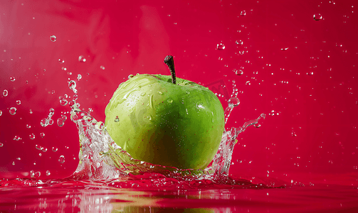 有创造力的摄影照片_红色背景中游泳的苹果水面上有游泳的青苹果