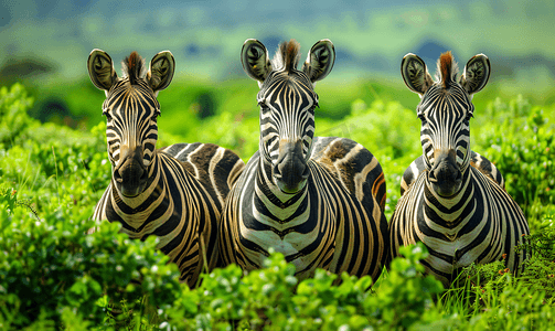 坦桑尼亚恩戈罗恩戈罗绿草山上的斑马非洲