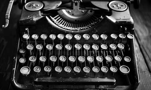 老式复古打字机的键盘带有黑白图像中的英文字母