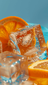 夏天透明冰块里的橙子清凉清爽背景