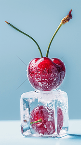 清爽夏天透明冰块里的樱桃背景