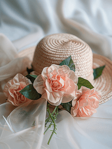 击剑帽子摄影照片_一束玫瑰花的特写镜头玫瑰花是用帽子里的织物编织而成的