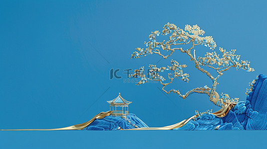 庭院风景图背景图片_蓝色文艺艺术风格景色风景树木的背景