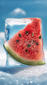 3D透明冰块里的西瓜清凉清爽背景