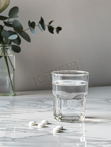 桌上的泡腾可溶性片剂和一杯水