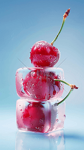 樱桃专用背景图片_清爽夏天透明冰块里的樱桃背景