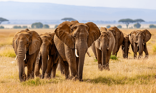 肯尼亚安博塞利非洲大草原上的大象群