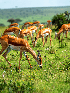 汤姆森瞪羚在非洲大草原上吃草