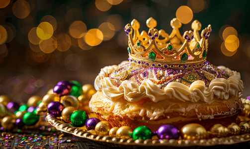 国王蛋糕皇冠周围环绕着狂欢节珠子侧视图