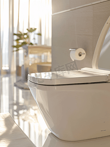 清洁室摄影照片_浴室冲水马桶的现代风格室内设计特写