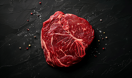 肉类替代品摄影照片_黑色背景上俯瞰圆形牛肉
