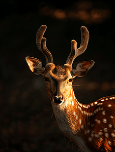鹿头详情摄影照片_黑暗中的轴鹿