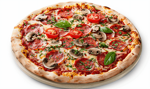 欧洲食品摄影照片_意大利腊肠番茄和蘑菇披萨