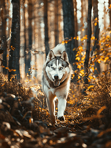 哈士奇在树林里慢跑秋天森林里哈士奇的肖像快乐的宠物