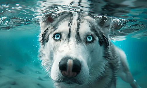 漂浮在水面上的哈士奇犬枪口和尾巴五颜六色的眼睛