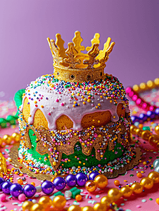 色彩缤纷的国王蛋糕皇冠周围环绕着狂欢节珠子