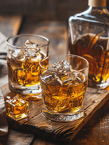 木头上的威士忌和苏格兰饮料带酒吧瓶