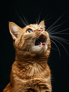 猫头可爱摄影照片_特写惊讶的姜猫张开嘴黑色