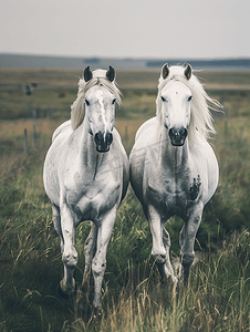 两匹白马在绿草如茵的田野上小跑前行