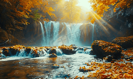 秋季瀑布美丽的金色日子喀尔巴阡乌克兰欧洲
