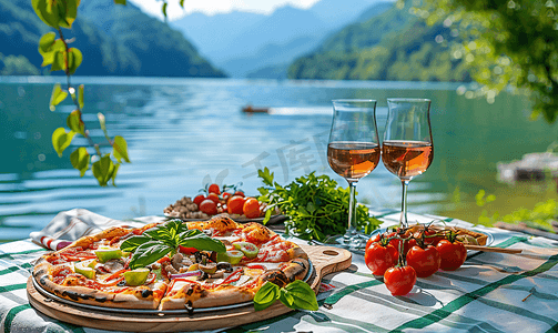 野餐户外披萨户外用餐湖上美丽的绿色自然