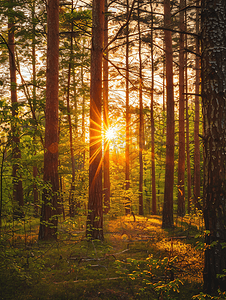 森林里美丽的日落景色温暖多彩的日落阳光