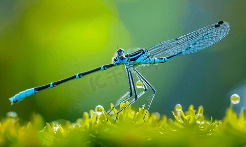 天然绿色背景下蓝蜻蜓的特写图像