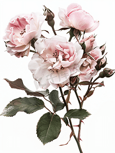 浅粉色玫瑰花和白色背景上孤立的略微枯萎的玫瑰