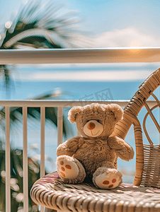 柔软的毛绒玩具在度假村阳台的椅子上享受阳光