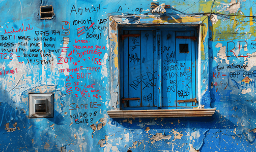 墙上的蓝色窗户上满是涂鸦