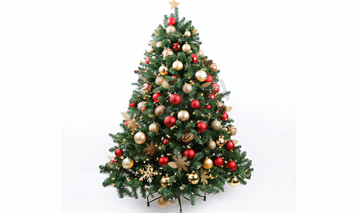 节日庆祝装饰摄影照片_装饰圣诞树孤立在白色背景上
