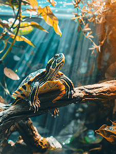 一只乌龟坐在树枝上