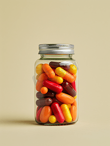 维生素片瓶与背景上彩色药丸复合维生素