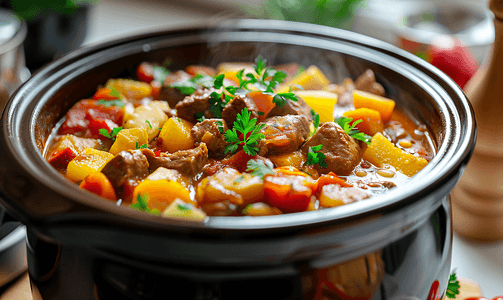 美味的蔬菜炖菜是在家庭厨房的慢炖锅中烹制的