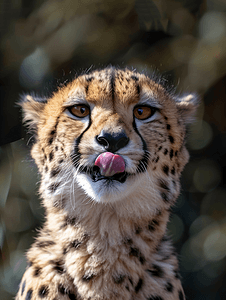 了不起的猎豹猫用舌头舔着鼻子