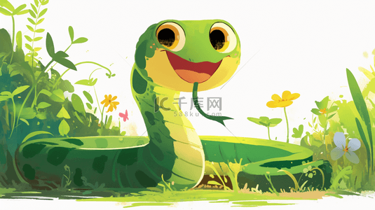 新年蛇年绿色草丛里的绿色卡通萌蛇背景图