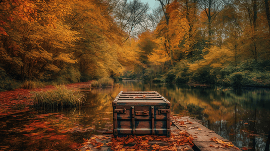 美丽多彩生机勃勃的秋景,林景湖上船坞的景观形象
